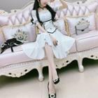 Elbow-sleeve Square-neck Paneled Midi A-line Dress