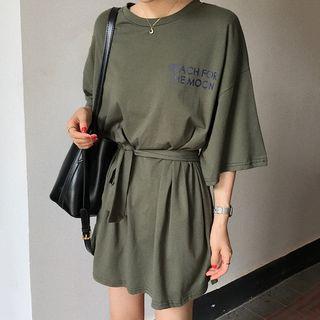 Lettering Elbow-sleeve T-shirt With Sash
