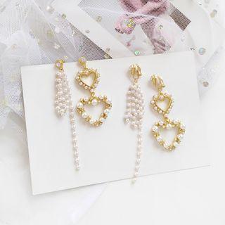 Non-matching Faux Pearl Heart Fringed Earring