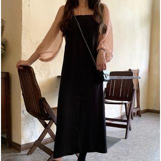 Lantern-sleeve Shirt / Spaghetti-strap Midi Dress