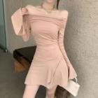 Off-shoulder Shirred A-line Dress Khaki - One Size