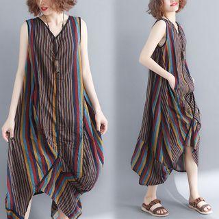 Sleeveless Asymmetric Striped Midi Dress Stripe - Multicolor - One Size
