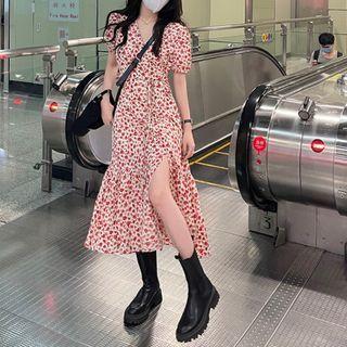 Puff-sleeve Floral Print Midi A-line Dress Red Flowers - White - One Size