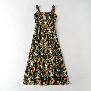 Wide Strap Fruit Print Midi A-line Dress