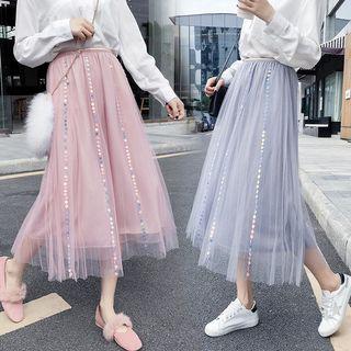 Midi Sequined Mesh A-line Skirt