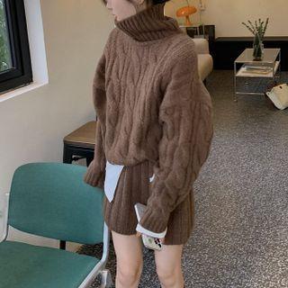 Turtleneck Cable Knit Sweater / Mini Pencil Skirt