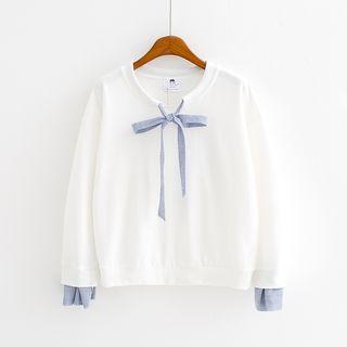 Mock Two-piece Bow Long-sleeve Knit Sweater