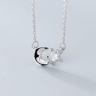 925 Sterling Silver Rhinestone Moon & Star Pendant Necklace S925 Silver - As Shown In Figure - One Size