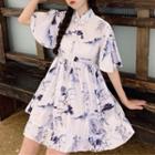 Short-sleeve Printed Frog Button Mini A-line Dress