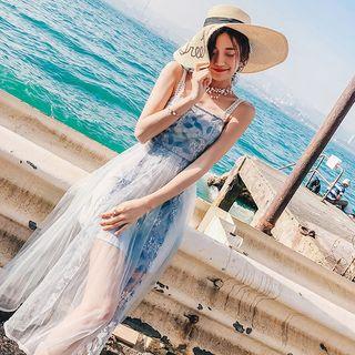 Spaghetti-strap A-line Midi Mesh Dress