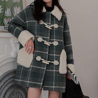 Fleece Trim Toggle-front Plaid Coat