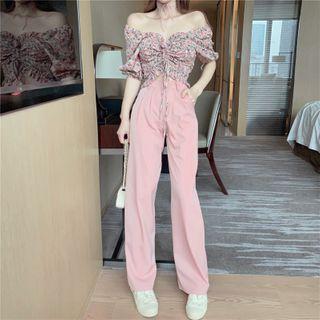 Short-sleeve Floral Print Blouse / Wide-leg Pants