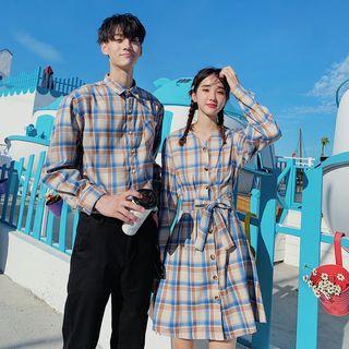 Couple Matching Long-sleeve Plaid Shirt / Buttoned A-line Mini Dress
