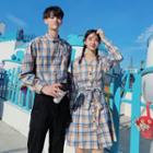 Couple Matching Long-sleeve Plaid Shirt / Buttoned A-line Mini Dress