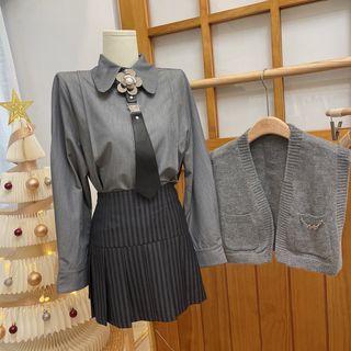 Set: Neck Tie Shirt + Sweater Vest + Pleated Skirt