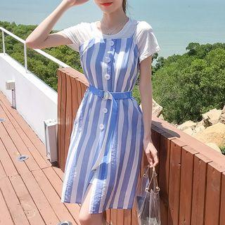 Set: Short Sleeve T-shirt + Striped Buttoned Pinafore Dress