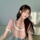 Lace Trim Short-sleeve T-shirt Pink - One Size
