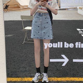 High-waist Heart Embroidered A-line Denim Mini Skirt