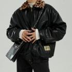 Leopard Print Fleece Collar Faux Leather Jacket