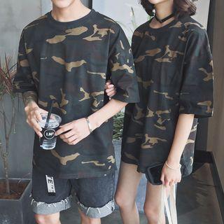 Couple Matching Elbow-sleeve Camo T-shirt