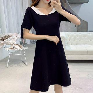 Contrast Collar Short-sleeve A-line Dress Black - One Size