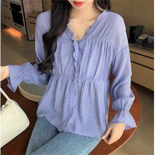 Balloon-sleeve Ruffled Blouse Light Purple - One Size