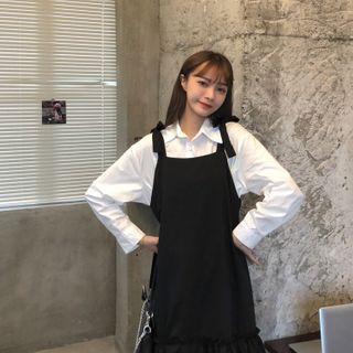 Long-sleeve Plain Shirt / A-line Midi Overall Dress