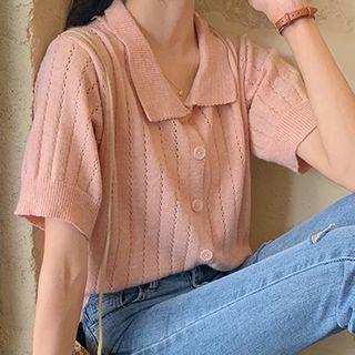 Short-sleeve Polo-collar Knit Cardigan