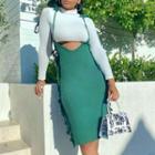 Set: Long-sleeve Cropped T-shirt + Suspender Midi Pencil Skirt