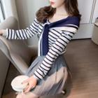 Ribbon Tie-neck Striped Knit Top