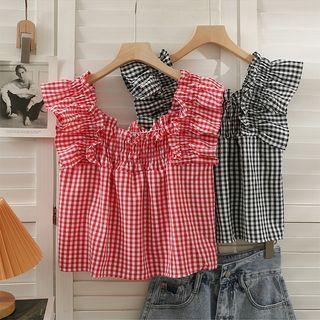 Ruffled Checkerbaord Crop Blouse
