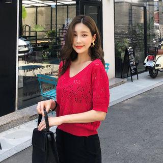 V-neck Short-sleeve Pointelle-knit Top