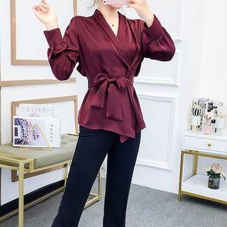 Tie-waist Plain Chiffon Top / Boot-cut Pants