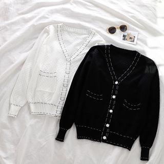 Lantern-sleeve Contrast Trim Knit Cardigan