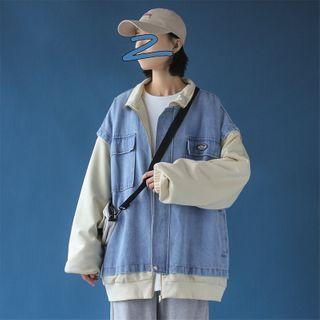 Mock Two Piece Denim Panel Zipped Jacket