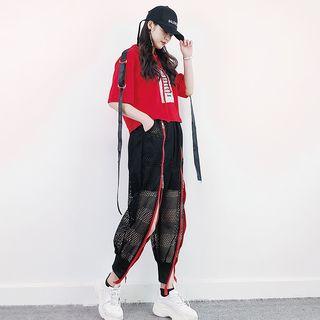 Set: Elbow-sleeve Hoodie + Zip-up Mesh Harem Pants