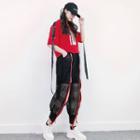 Set: Elbow-sleeve Hoodie + Zip-up Mesh Harem Pants