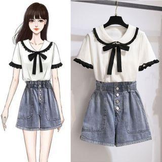Short-sleeve Collared Knit Top / High-waist Denim Shorts / Set