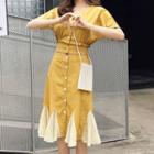 Set: Short-sleeve Blouse + Godet A-line Skirt