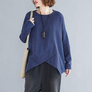 Plain Round-neck Asymmetrical Long-sleeve T Shirt Sapphire Blue - F