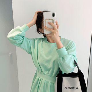 Gathered-waist Flared Long Pullover Dress