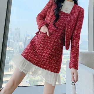 Set: Tweed Button-up Jacket + Sleeveless Mesh Trim Mini Dress