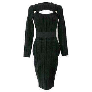 Long-sleeve Cutout Knit Bodycon Dress Black - One Size