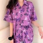 3/4-sleeve Butterfly Print Shirt Purple - One Size