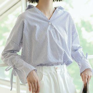 Striped V-neck Long-sleeve Blouse Blue - One Size