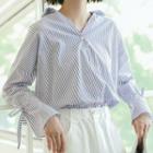 Striped V-neck Long-sleeve Blouse Blue - One Size