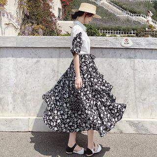 Elbow-sleeve Floral Panel Maxi A-line Shirtdress