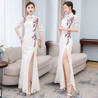 Short-sleeve Embroidered Lace Maxi Mermaid Qipao Dress