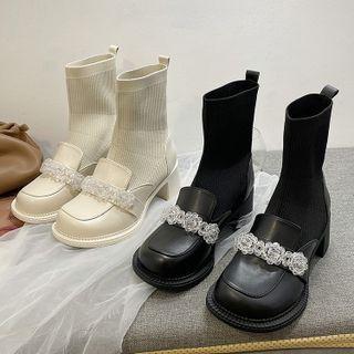 Block Heel Beaded Short Boots