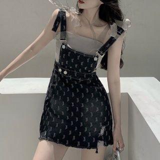 Distressed Denim Mini Sheath Overall Dress